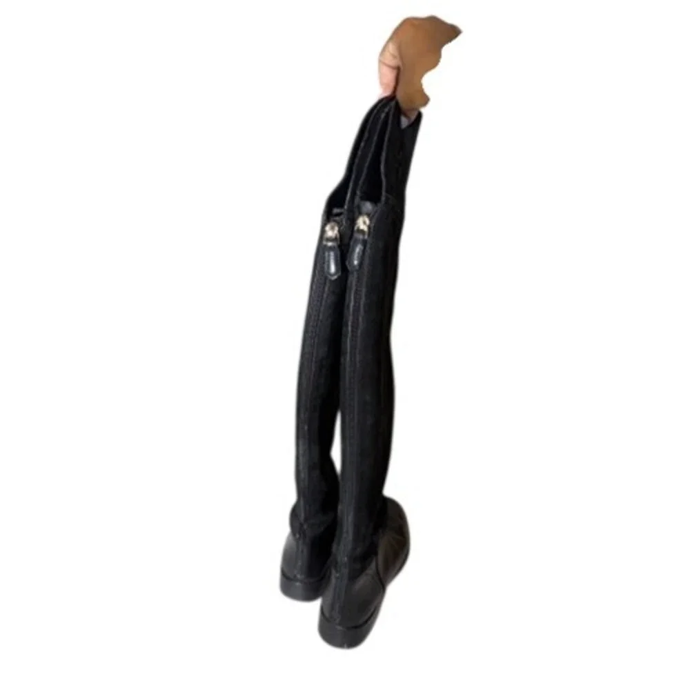 Tory Burch Black Leather Over the Knee Riding Boots Embossed Logo 5M 129114